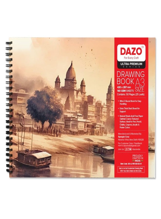 DAZO Ultra Premium A3 Drawing Book, 420 x 297 mm, 140 GSM, 50 Pages, Wire-O Bound, Natural Shade Acid Free Paper - Image 1